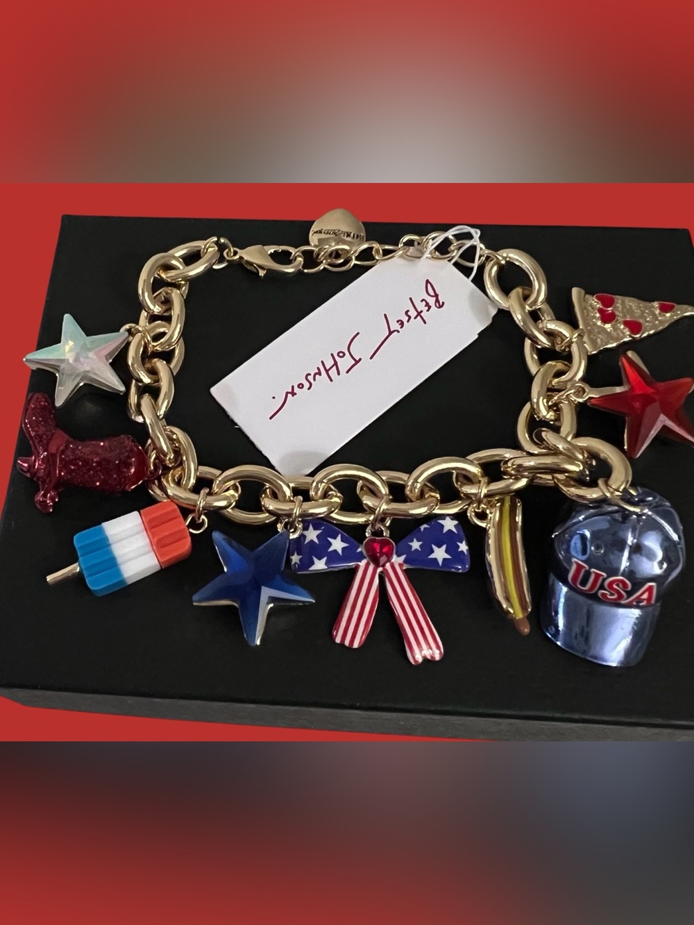Betsey Johnson Gold-Tone Charm Bracelet with Red, White & Blue Enamel Accents